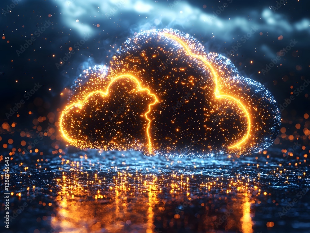 Poster glowing cloud with dynamic lightning shaped data streams symbolizing powerful cloud computing capabi