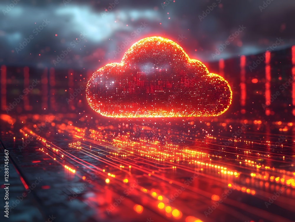 Poster glowing futuristic cloud computing data server room with streaming holographic networks