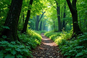 Obraz premium Dense foliage surrounds a winding forest path, branches, forest floor