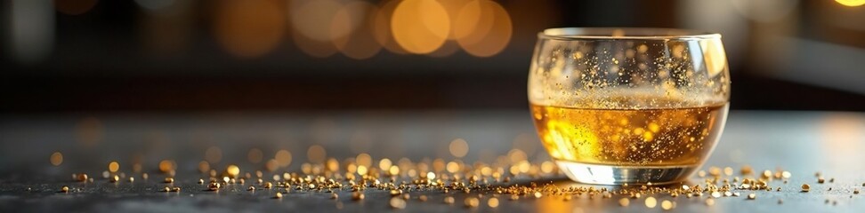 Golden glitter scattered around a delicate glass vase, ornate, elegant, glass