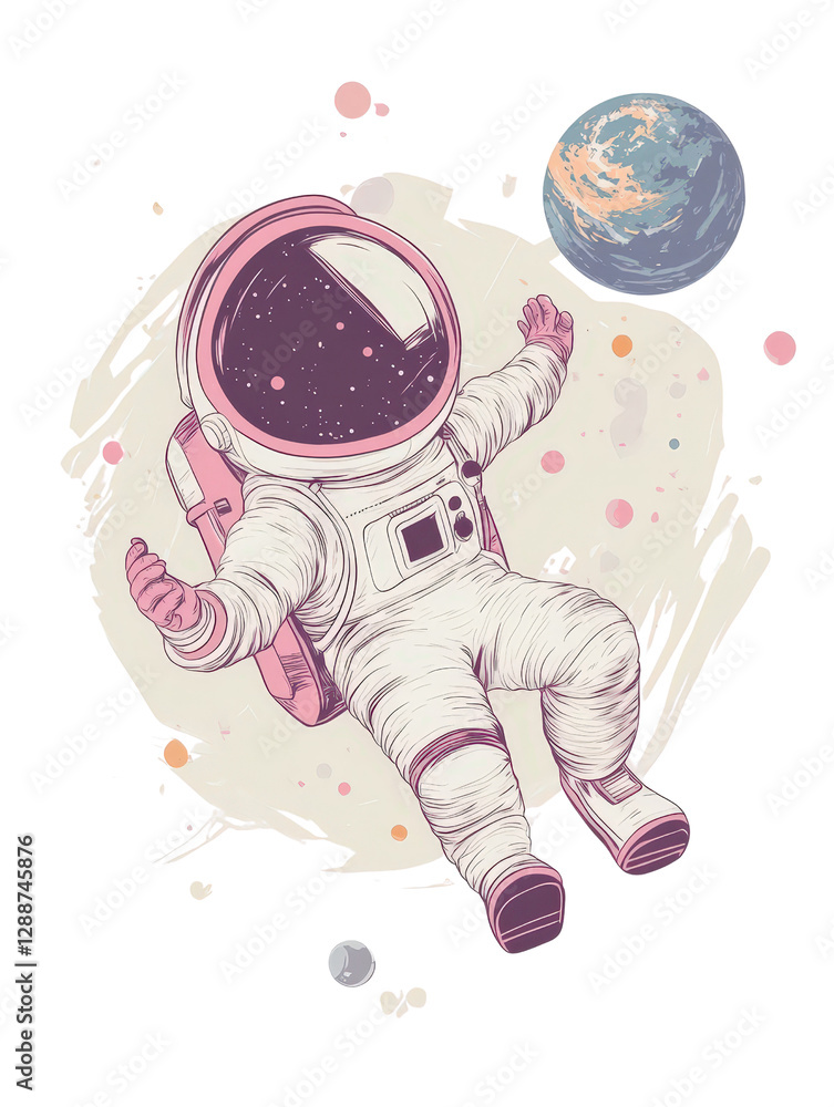 Poster astronaut floating in space with a distant planet visible in the background against a starry sky iso
