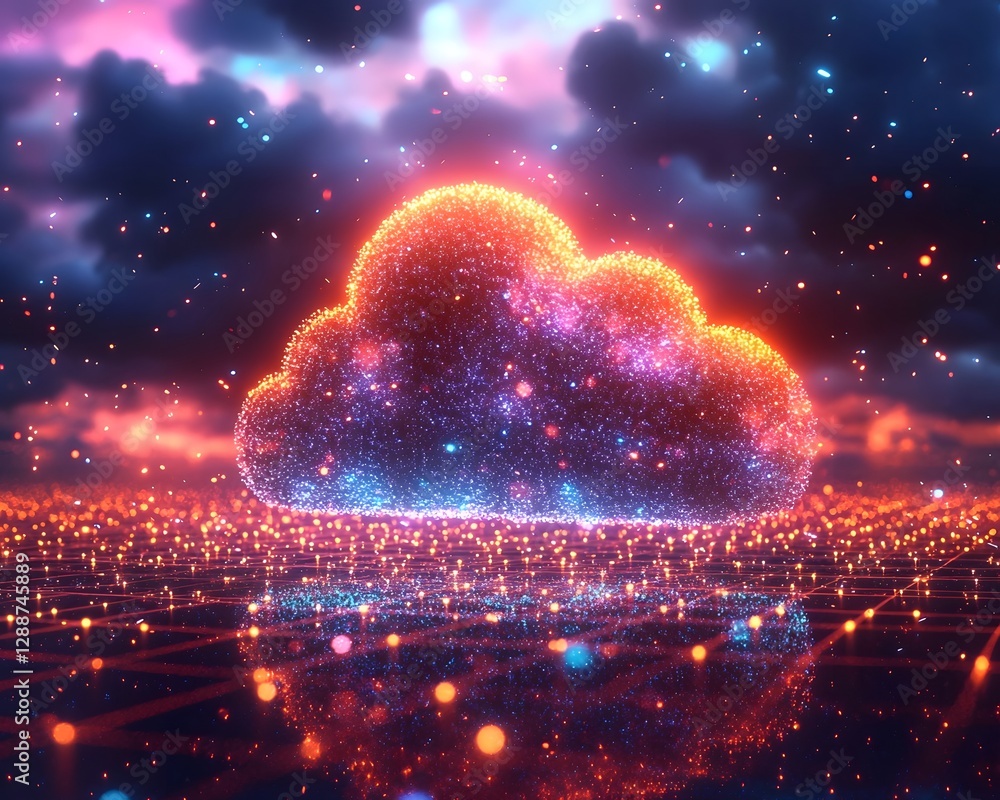 Poster vibrant glowing 3d grid with luminous cloud data nexus in the center