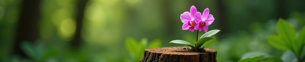 Pink epidendrum orchid plant on a tree stump in the wild, stump, epiphyte, plant