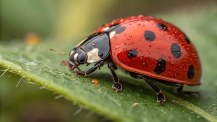 Fototapeta premium Macro Ladybug on Leaf: A vibrant macro shot captures a ladybug with its iconic red and black patterned shell perched on a textured green leaf, showcasing intricate details of nature's design.