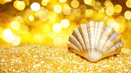 A minimalist summer background with a single seashell placed on smooth golden sand, illuminated under soft natural light