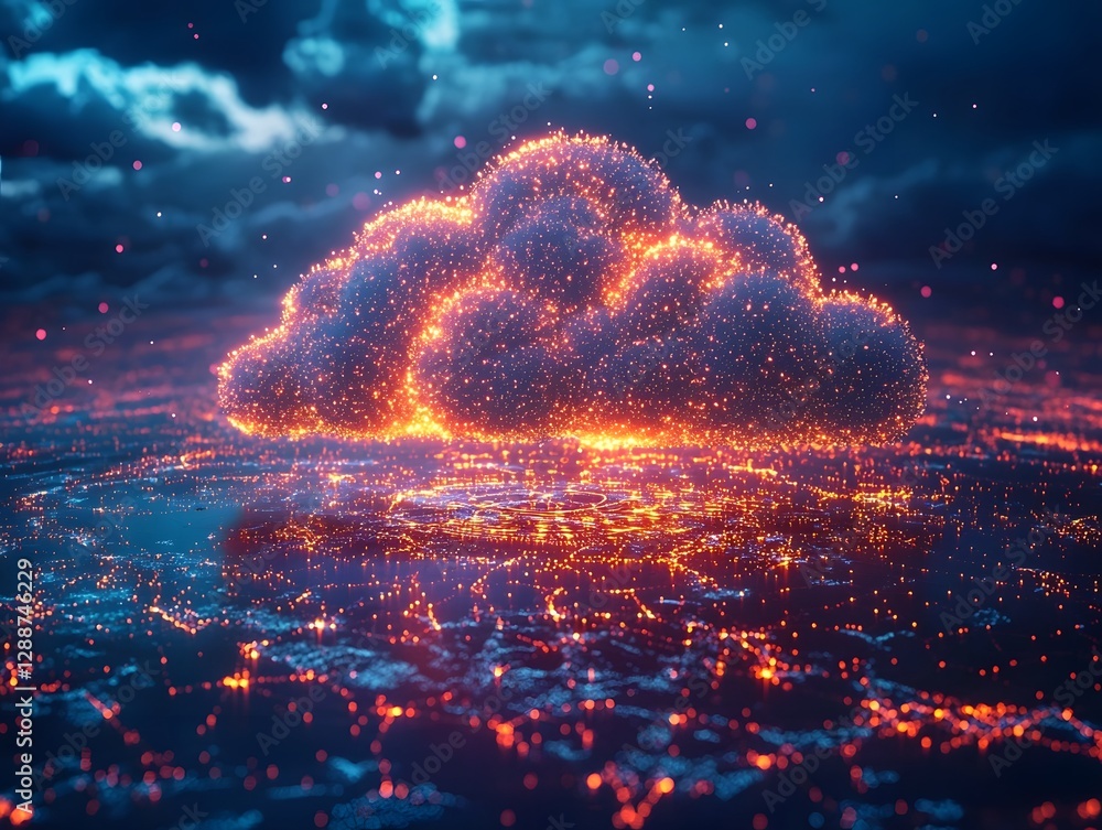 Poster vibrant glowing network of interconnected clouds over a cityscape symbolizing global cloud computing