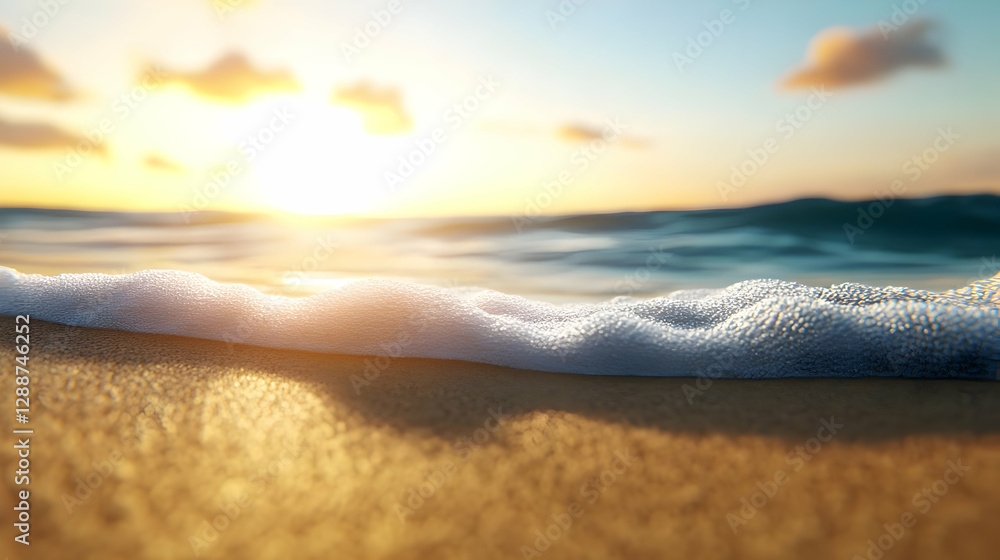 Poster a serene beach scene at sunset with gentle waves lapping against the shore, creating a tranquil atmo