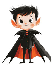 Fototapeta premium Little boy in bat costume celebrating halloween with joy and excitement indoors isolated on transparent background.