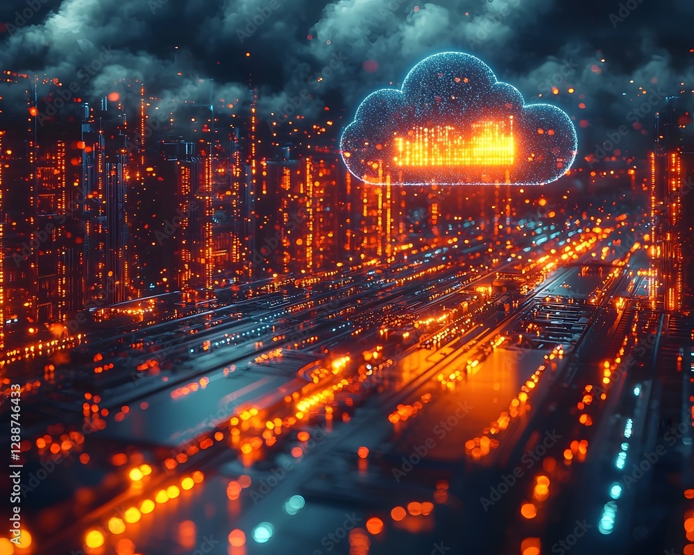 Poster futuristic glowing data center with holographic cloud projection and animated data trails cloud comp