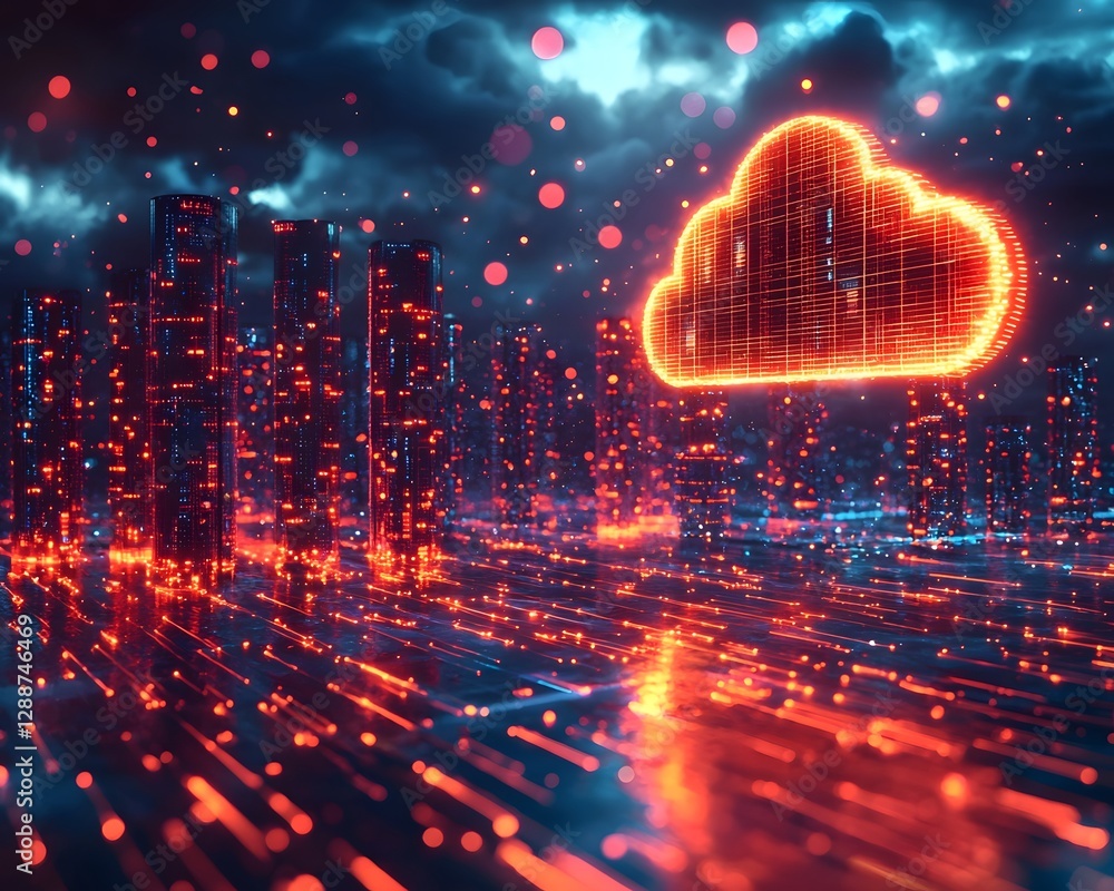 Poster futuristic glowing data center with holographic cloud projection and animated data trails