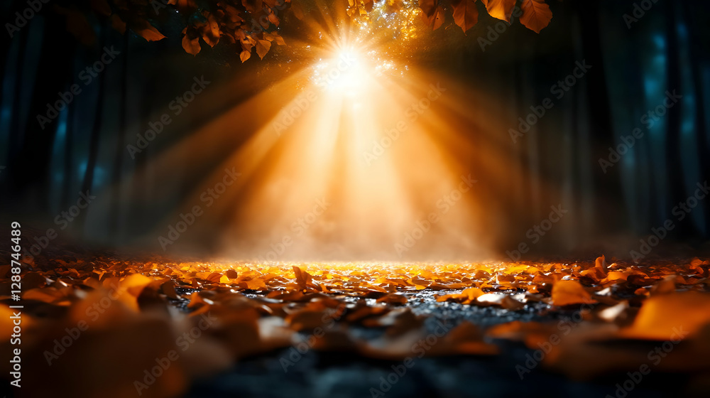Poster a serene forest scene with golden rays of light filtering through the trees, casting a warm glow on 