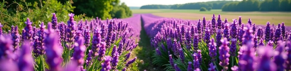 Obraz premium A field of purple flowers stretching out towards the horizon among tall bushes, petals, countryside