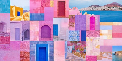 Colorful mosaic depicting architecture and landscapes with a coastal theme