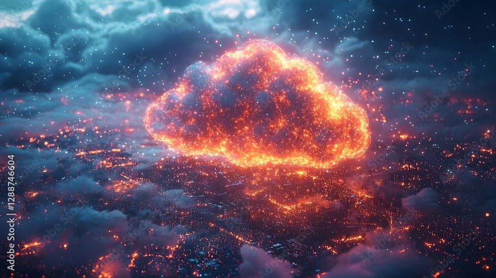Poster glowing floating cloud above minimalist digital workspace symbolizing efficient virtual data managem