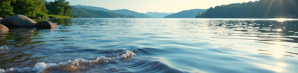 Fototapeta premium Gentle waves lap against the shore of a tranquil lake, peaceful, landscape, gentle