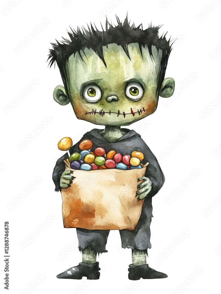 Poster cartoon character holding a box of candy with colorful sweets and a joyful expression in a playful s