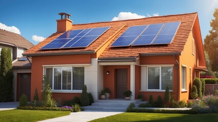 A set of solar panels mounted on an orange-tiled roof