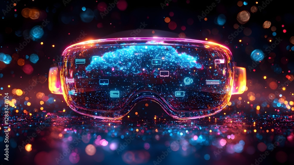 Poster glowing headset projecting holographic cloud with dynamic app icons showcasing augmented cloud compu