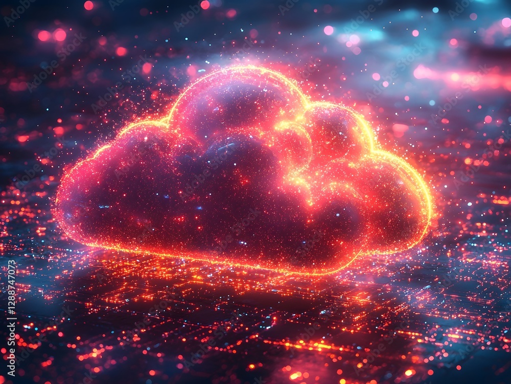 Poster glowing neon cloud with dynamic light trails symbolizing continuous data processing and flow