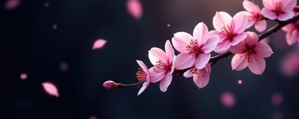 Soft pink petals fall gently on a dark branch, dark background, pink cherry blossoms, flowers