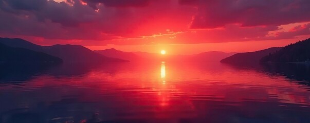 Fototapeta premium Sunset over a crimson lake with gentle water ripples, red background gradient, lake
