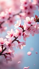 Obraz premium Soft pink petals falling from a blooming cherry blossom tree in early spring, blossoms, pastel