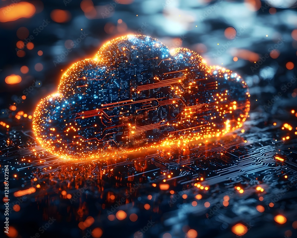 Poster glowing cloud icon with embedded circuits symbolizing cloud computing technology