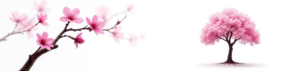 Obraz premium Pink flower tree isolated on white background with delicate branches, solitary bloom, white background
