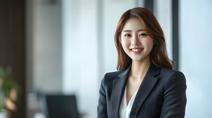 A young businesswoman stands in the office, smiling at the camera against a white background. The full-body shot is captured in natural light