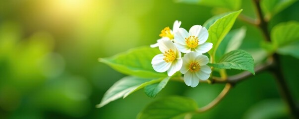 Fototapeta premium White and yellow flowers on a branch with leaves, geum avens, nature