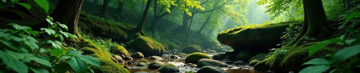 Fototapeta premium Dense foliage surrounds mossy rock outcropping, forest, rocks