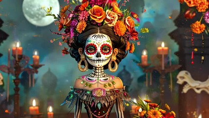 Queen of Dia de los Muertos in colorful, embroidered dress with a floral crown, painted calavera face, holding marigolds, surrounded by traditional elements. Day of the Dead. AI
