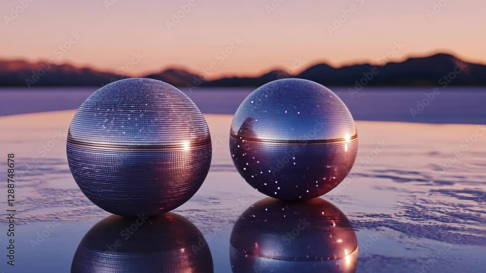 Poster reflective spheres resting on a wet surface during sunset with mountains in the background