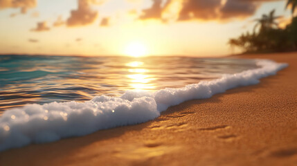 Fototapeta premium A serene sunset over calm ocean waves, reflecting golden hues on sandy tranquil beach.