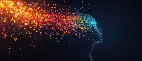 Illustration of a silhouette person s head, colorful letters floating around, representing knowledge and learning, educational theme, dynamic design, ultraHD, 8K