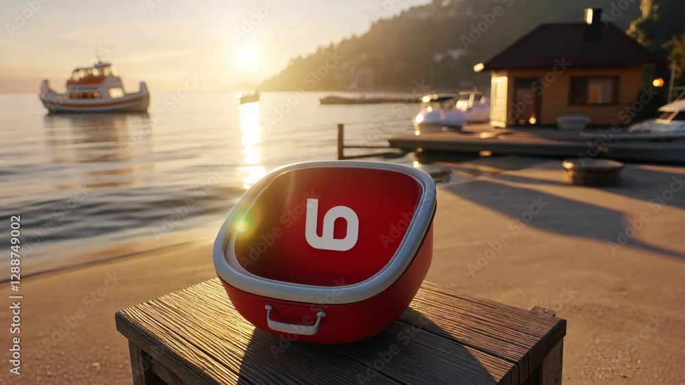 Aufkleber scenic sunset view over a serene lake with a red container resting on a wooden table