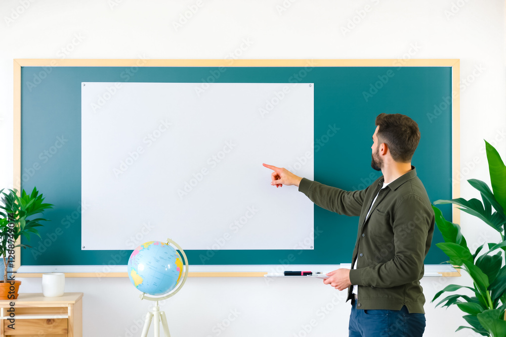 Poster instructor points at a blank chalkboard in a well-lit classroom filled with plants and a globe on di