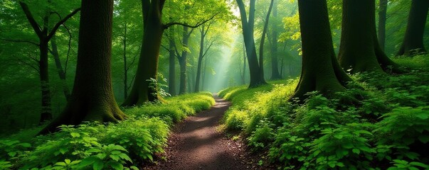 Naklejka premium Dense forest trail winding through moss-covered trees, trees, moss