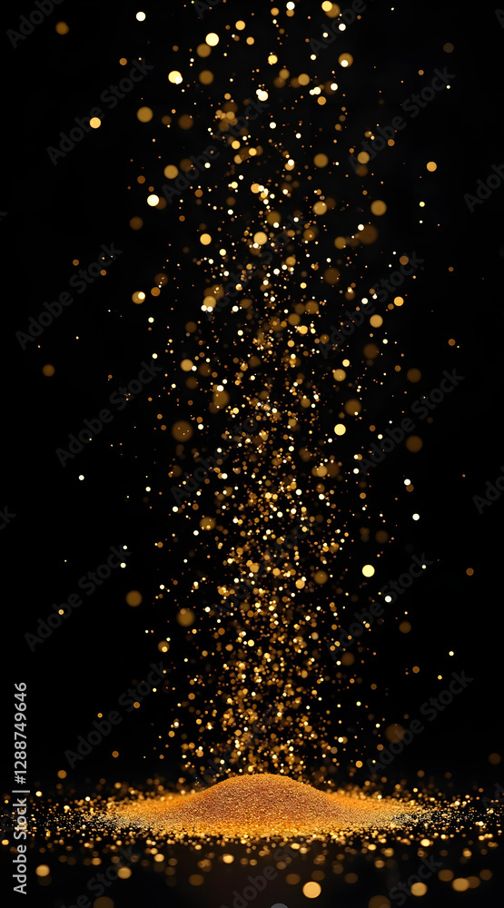 Poster golden particles cascade from above, creating a mesmerizing effect against a black background, evoki