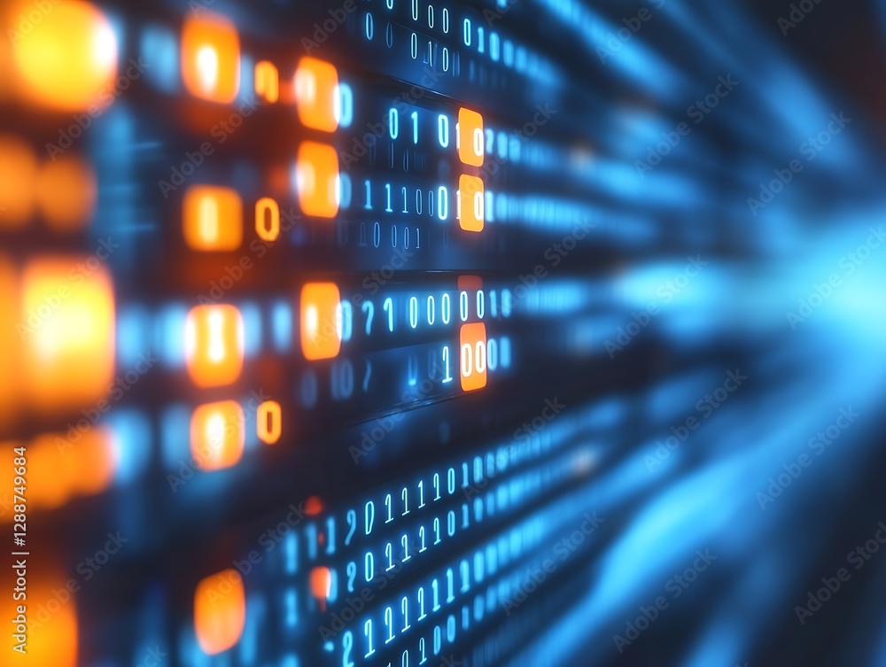 Poster blurred binary numbers with a blue and orange glow, representing data processing, digital technology