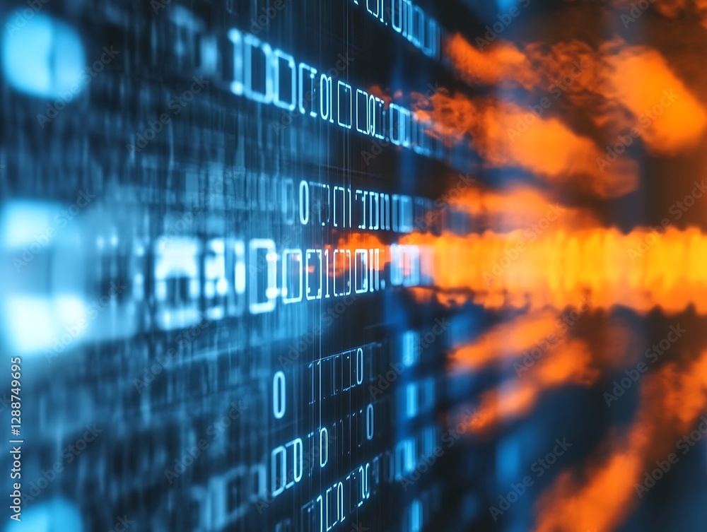 Poster blurred binary numbers with a blue and orange glow, representing data processing, digital technology