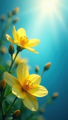 Fototapeta premium Gentle yellow blooms bask in the warmth of a radiant blue light, sunny, blue, serene