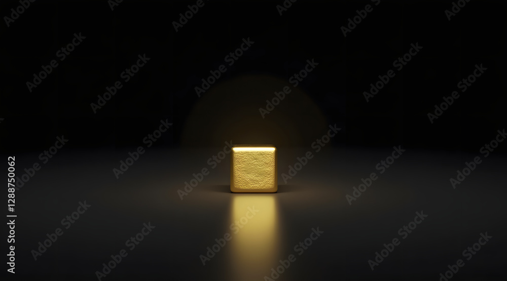 Poster a solitary golden cube illuminated in a dark space, casting a subtle glow and highlighting its textu