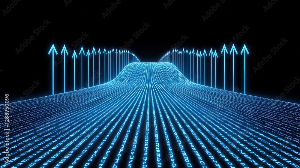 Poster a digital landscape of blue binary data flowing towards a horizon, marked by upward arrows, symboliz