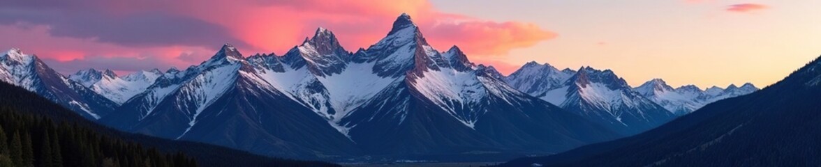 Fototapeta premium Snowy peaks of Sawtooth Mountain Range at dawn, Dawn Sky, Panorama, Idaho Landscapes