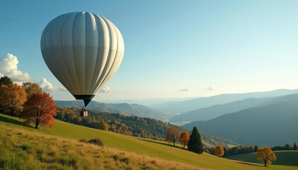 Obraz premium Silvery balloon floats above the landscape with trees and hills, peaceful, colors, countryside
