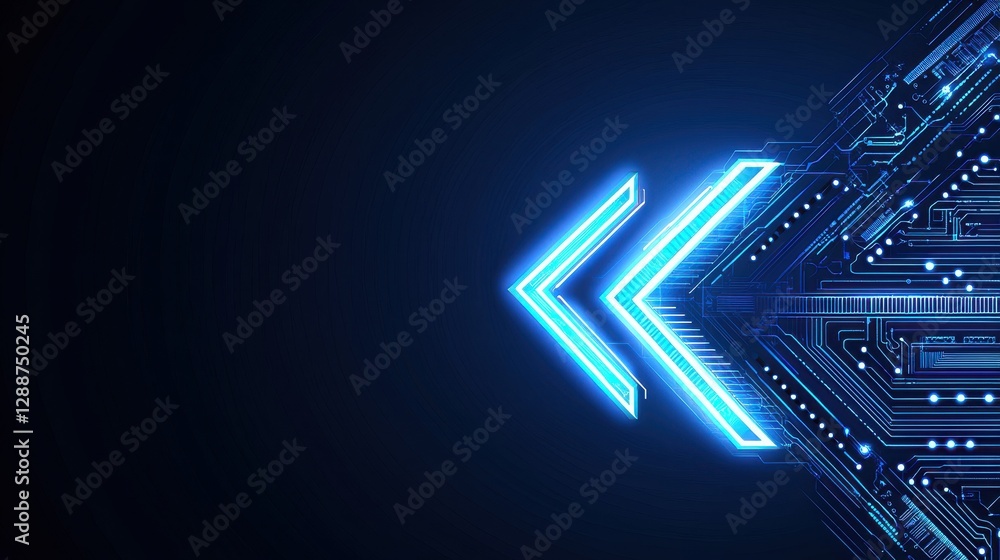 Aufkleber a futuristic design featuring glowing arrows and circuit-like patterns against a dark background.