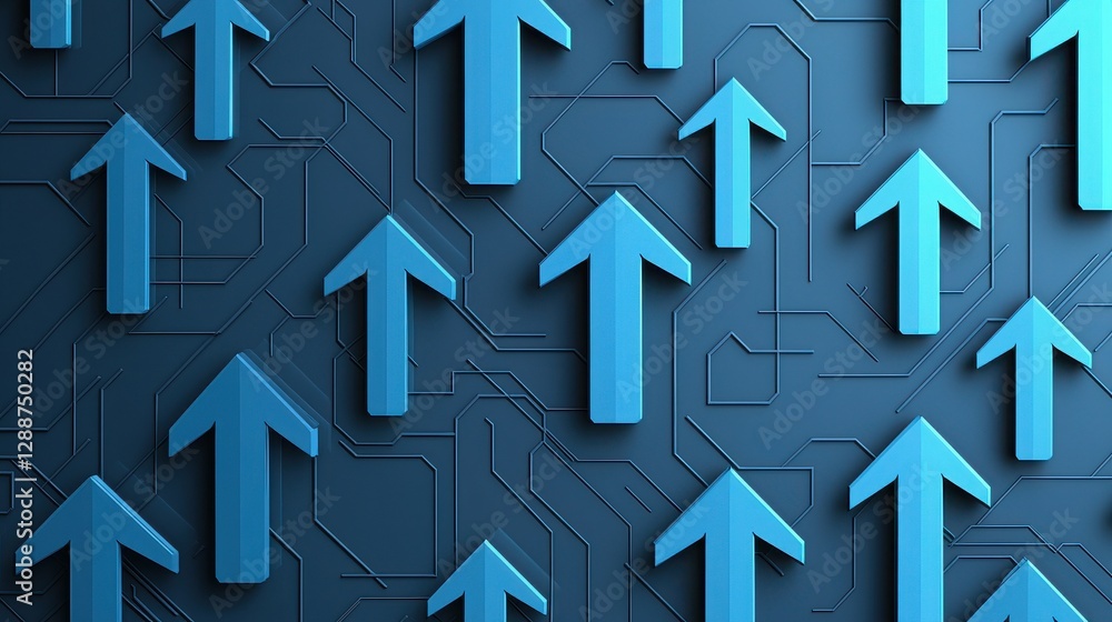 Poster a dynamic pattern of blue arrows pointing upward against a dark background, symbolizing progress, gr