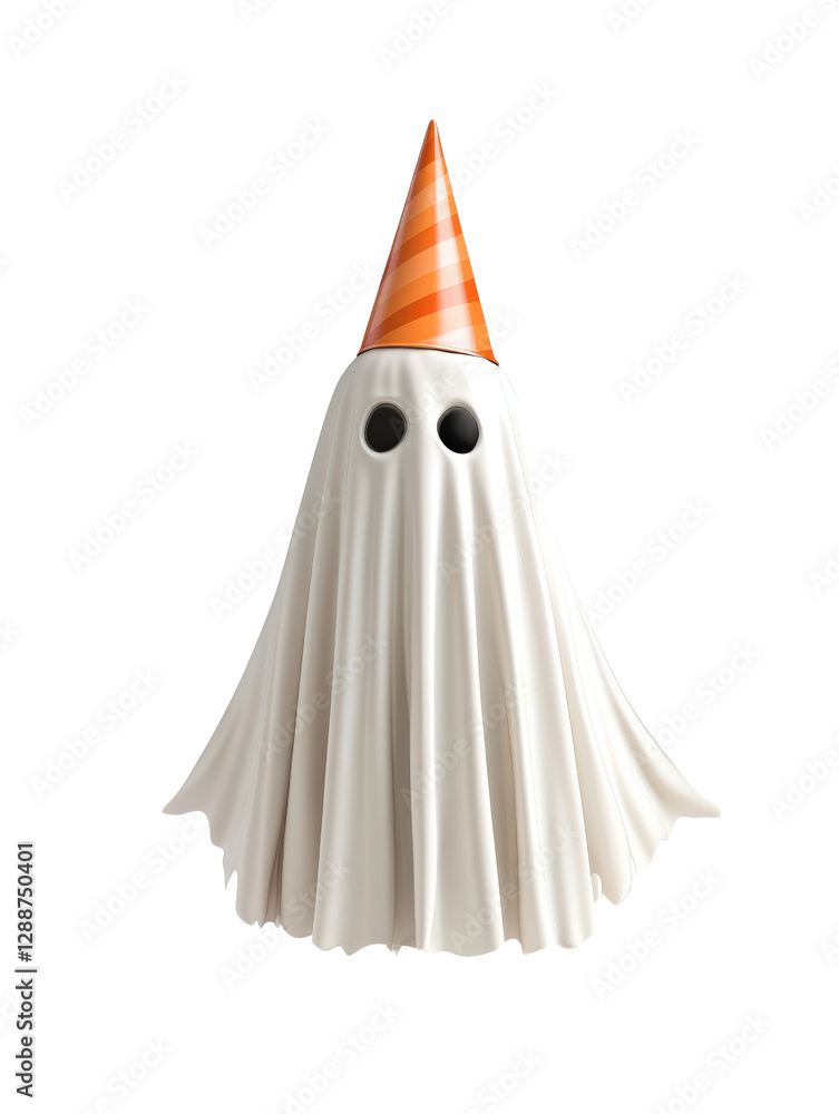 Poster white ghost wearing an orange hat with a simple and playful design on a plain background isolated on