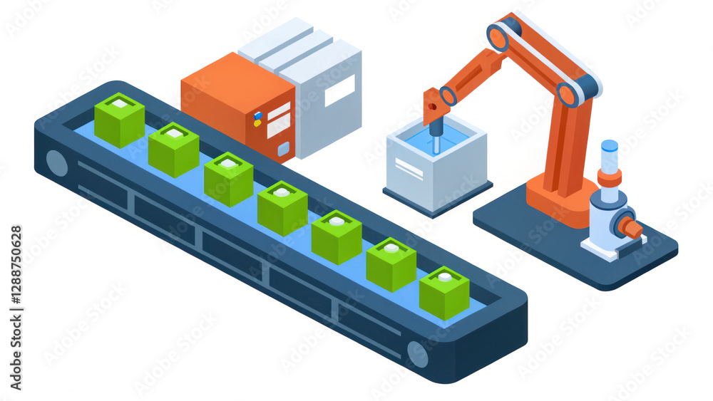 Poster automated robotic arm assisting in product assembly on conveyor belt